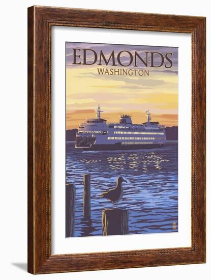 Edmonds, Washington - Ferry Sunset and Gull-Lantern Press-Framed Art Print