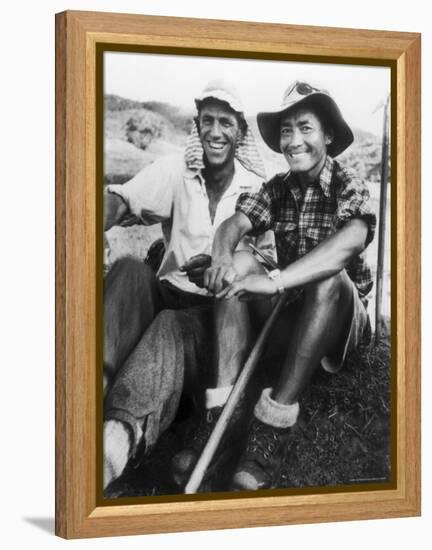 Edmund Hillary and Nepalese Sherpa Guide Tenzing Norgay Sitting Together-James Burke-Framed Premier Image Canvas