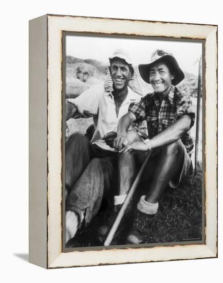 Edmund Hillary and Nepalese Sherpa Guide Tenzing Norgay Sitting Together-James Burke-Framed Premier Image Canvas