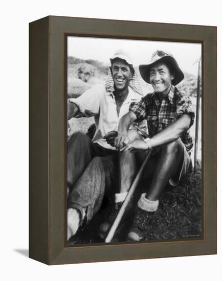 Edmund Hillary and Nepalese Sherpa Guide Tenzing Norgay Sitting Together-James Burke-Framed Premier Image Canvas