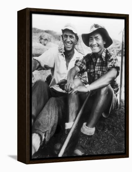 Edmund Hillary and Nepalese Sherpa Guide Tenzing Norgay Sitting Together-James Burke-Framed Premier Image Canvas