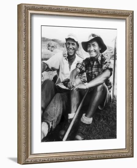 Edmund Hillary and Nepalese Sherpa Guide Tenzing Norgay Sitting Together-James Burke-Framed Premium Photographic Print