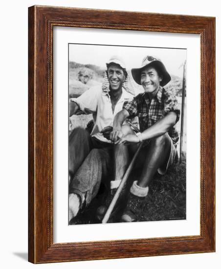 Edmund Hillary and Nepalese Sherpa Guide Tenzing Norgay Sitting Together-James Burke-Framed Premium Photographic Print