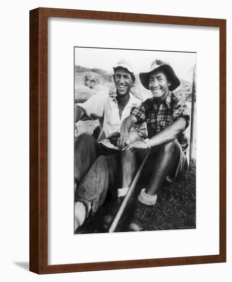 Edmund Hillary and Nepalese Sherpa Guide Tenzing Norgay Sitting Together-James Burke-Framed Premium Photographic Print