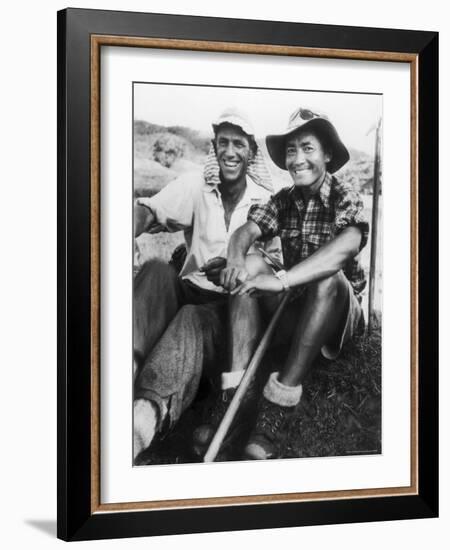 Edmund Hillary and Nepalese Sherpa Guide Tenzing Norgay Sitting Together-James Burke-Framed Premium Photographic Print