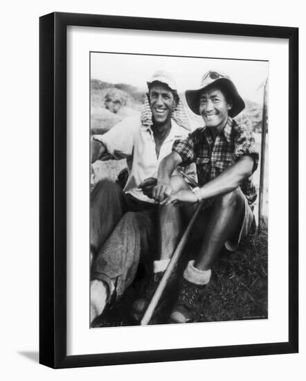 Edmund Hillary and Nepalese Sherpa Guide Tenzing Norgay Sitting Together-James Burke-Framed Premium Photographic Print