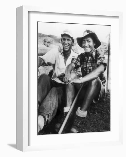 Edmund Hillary and Nepalese Sherpa Guide Tenzing Norgay Sitting Together-James Burke-Framed Premium Photographic Print