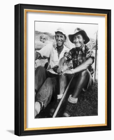 Edmund Hillary and Nepalese Sherpa Guide Tenzing Norgay Sitting Together-James Burke-Framed Premium Photographic Print