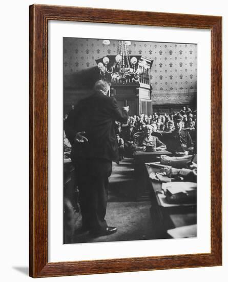 Edouard Herriot Pointing an Accusing Finger at Henri P. Petain During Petain's Trial for Treason-David Scherman-Framed Premium Photographic Print