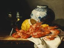 Shrimps, a Peeled Lemon, a Glass of Wine and a Blue and White Ginger Jar on a Draped Table-Edward Ladell-Giclee Print