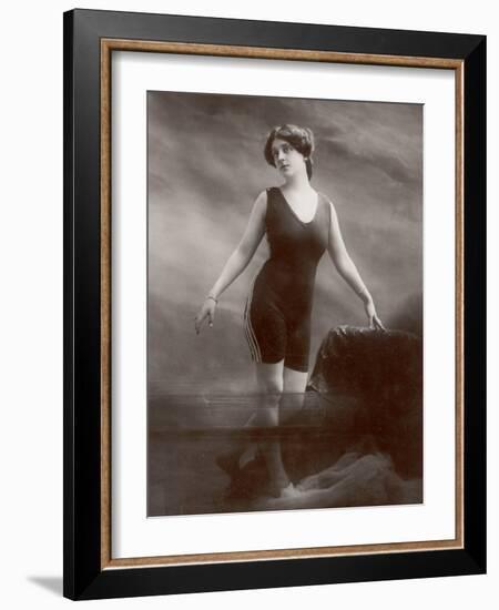 Edwardian Bathing Beauty Miss M. Odell Wears a "V"-Neck One-Piece Bathing Costume-null-Framed Photographic Print