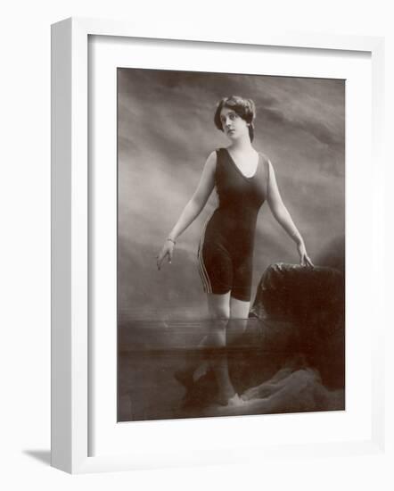 Edwardian Bathing Beauty Miss M. Odell Wears a "V"-Neck One-Piece Bathing Costume-null-Framed Photographic Print