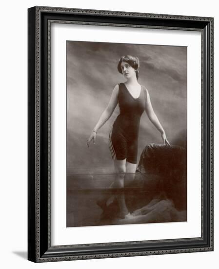 Edwardian Bathing Beauty Miss M. Odell Wears a "V"-Neck One-Piece Bathing Costume-null-Framed Photographic Print