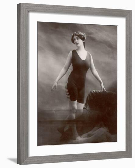 Edwardian Bathing Beauty Miss M. Odell Wears a "V"-Neck One-Piece Bathing Costume-null-Framed Photographic Print