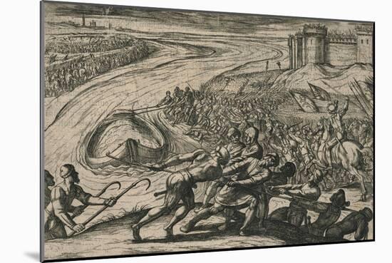 Een Schip met coren gheladen blyft op een drooghte Sitten; de Duytschen pooghent naer hen te trecke-Antonio Tempesta-Mounted Giclee Print