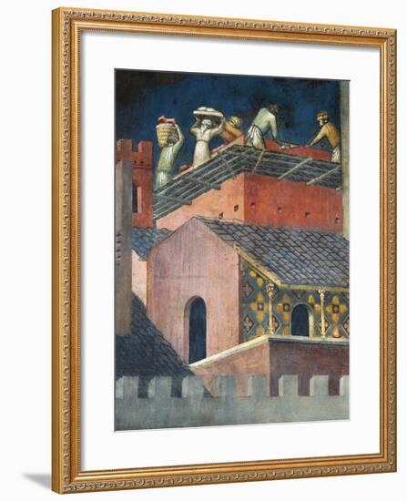 Effects of Good Government in City, Masons at Work-Ambrogio Lorenzetti-Framed Giclee Print