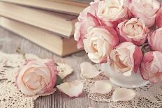 Pink Roses and Old Books on Wooden Desk-egal-Photographic Print