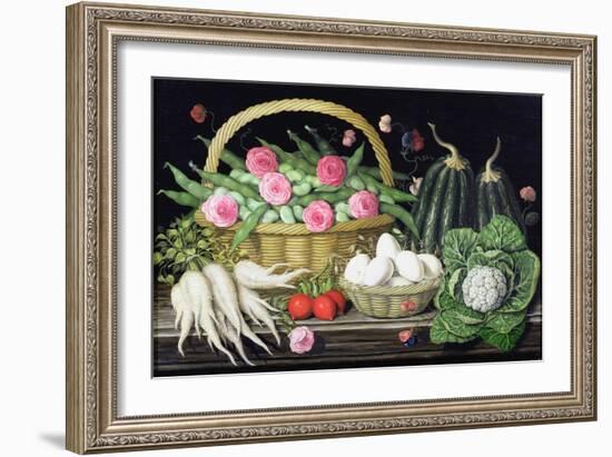 Eggs, Broad Beans and Roses in Basket, 1995-Amelia Kleiser-Framed Giclee Print