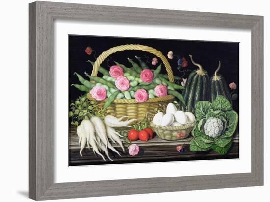 Eggs, Broad Beans and Roses in Basket, 1995-Amelia Kleiser-Framed Giclee Print