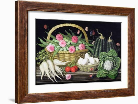 Eggs, Broad Beans and Roses in Basket, 1995-Amelia Kleiser-Framed Giclee Print