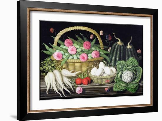 Eggs, Broad Beans and Roses in Basket, 1995-Amelia Kleiser-Framed Giclee Print