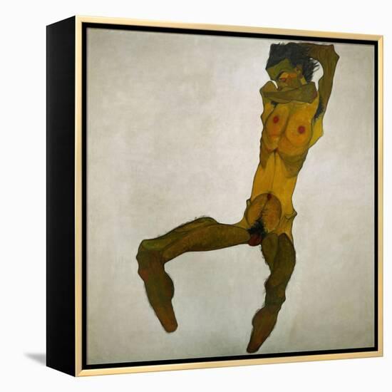 Egon Schiele, self-portrait, nude. Black chalk, watercolour, and body colour on paper (1910)-Egon Schiele-Framed Premier Image Canvas