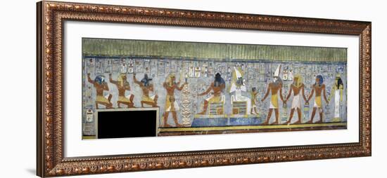 Egypt, Tomb of Ramses I, Mural Painting of Pharaoh Kneeling Between Harsiesis and Anubis-null-Framed Giclee Print