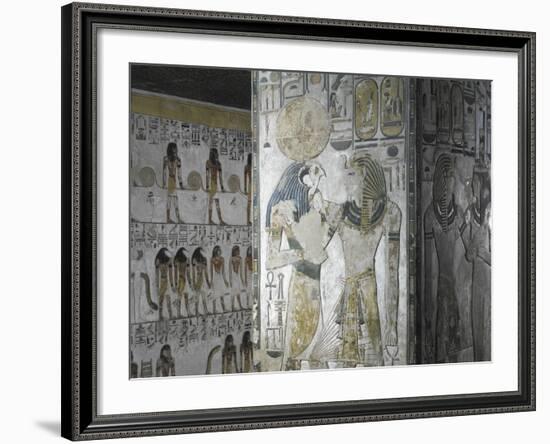 Egypt, Tomb of Seti I, Mural Paintings of God Ra and Pharaoh in Pillared Chamber from 19th Dynasty-null-Framed Giclee Print