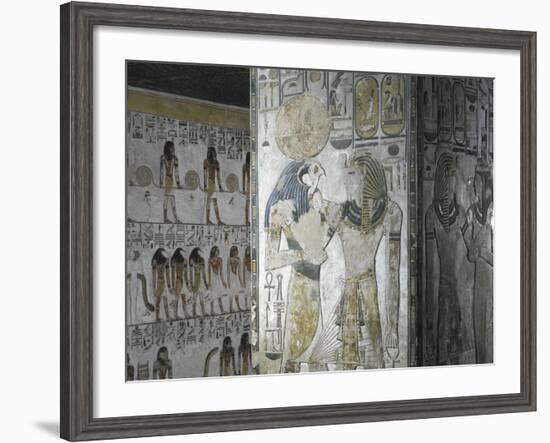 Egypt, Tomb of Seti I, Mural Paintings of God Ra and Pharaoh in Pillared Chamber from 19th Dynasty-null-Framed Giclee Print
