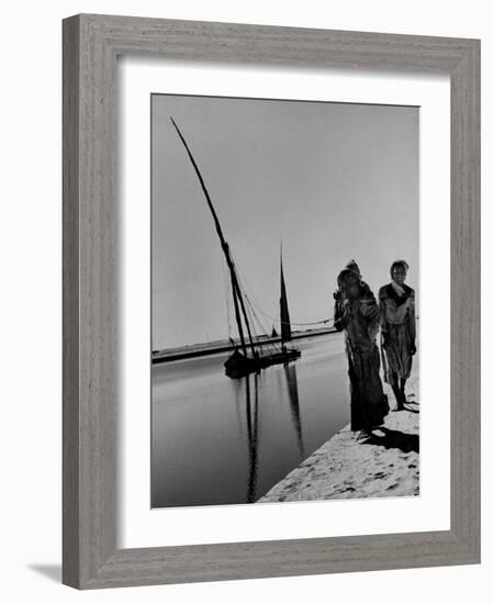 Egyptian Feluccas, Large Sailboats with Two Immensely Tall Masts, Pulled up Canal by Natives-Carl Mydans-Framed Photographic Print