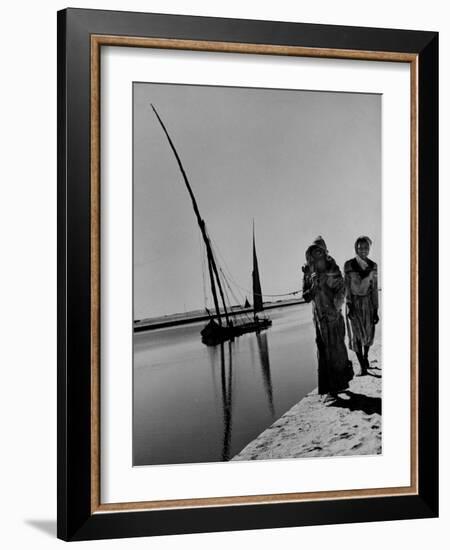 Egyptian Feluccas, Large Sailboats with Two Immensely Tall Masts, Pulled up Canal by Natives-Carl Mydans-Framed Photographic Print