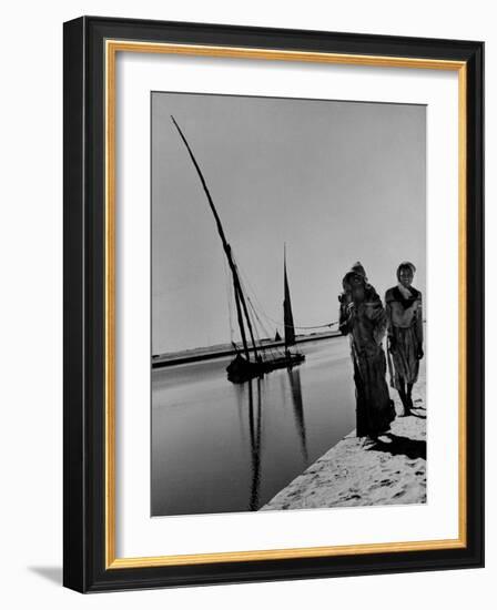 Egyptian Feluccas, Large Sailboats with Two Immensely Tall Masts, Pulled up Canal by Natives-Carl Mydans-Framed Photographic Print