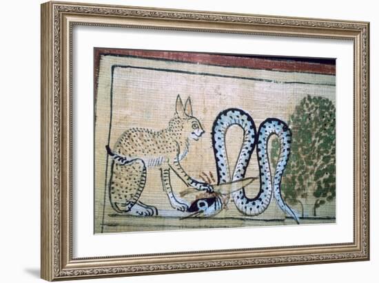 Egyptian papyrus of the cat of Ra killing Apophis the snake of evil. Artist: Unknown-Unknown-Framed Giclee Print