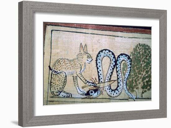 Egyptian papyrus of the cat of Ra killing Apophis the snake of evil. Artist: Unknown-Unknown-Framed Giclee Print