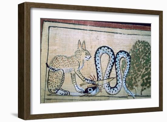 Egyptian papyrus of the cat of Ra killing Apophis the snake of evil. Artist: Unknown-Unknown-Framed Giclee Print