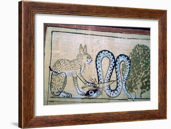 Egyptian papyrus of the cat of Ra killing Apophis the snake of evil. Artist: Unknown-Unknown-Framed Giclee Print