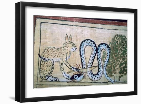 Egyptian papyrus of the cat of Ra killing Apophis the snake of evil. Artist: Unknown-Unknown-Framed Giclee Print