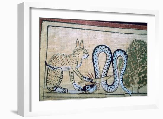 Egyptian papyrus of the cat of Ra killing Apophis the snake of evil. Artist: Unknown-Unknown-Framed Giclee Print