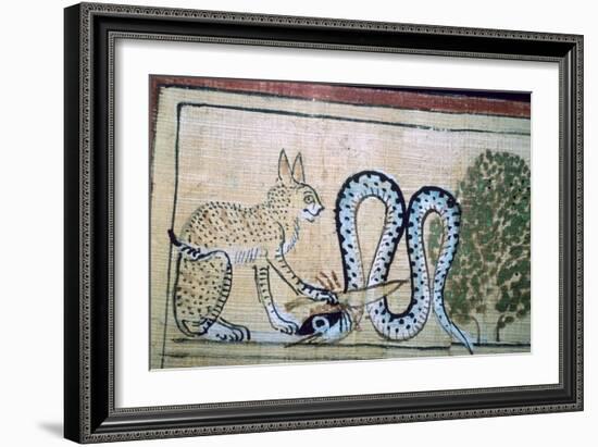 Egyptian papyrus of the cat of Ra killing Apophis the snake of evil. Artist: Unknown-Unknown-Framed Giclee Print
