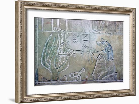 Egyptian relief showing a dead woman and Hathor. Artist: Unknown-Unknown-Framed Giclee Print