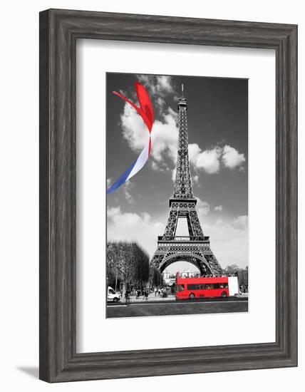 Eiffel Tower with Flag & Bus-null-Framed Art Print