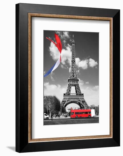 Eiffel Tower with Flag & Bus-null-Framed Art Print