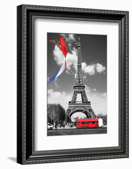 Eiffel Tower with Flag & Bus-null-Framed Art Print