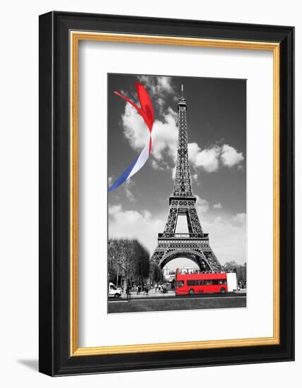 Eiffel Tower with Flag & Bus-null-Framed Art Print