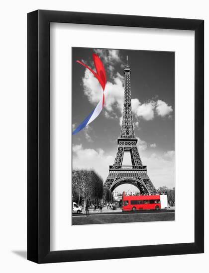 Eiffel Tower with Flag & Bus-null-Framed Art Print