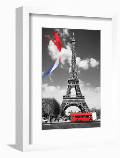 Eiffel Tower with Flag & Bus-null-Framed Art Print