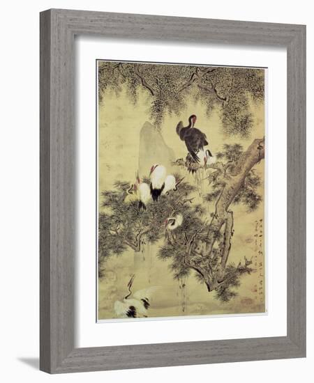 Eight Red-Crested Herons in a Pine Tree, 1754-Hua Yan-Framed Giclee Print