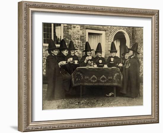 Eight Women in High Hats Having Tea in Norfolk, England, Ca. 1920-null-Framed Photo