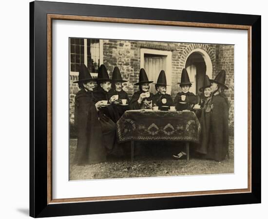 Eight Women in High Hats Having Tea in Norfolk, England, Ca. 1920-null-Framed Photo