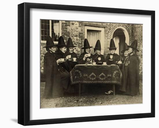Eight Women in High Hats Having Tea in Norfolk, England, Ca. 1920-null-Framed Photo